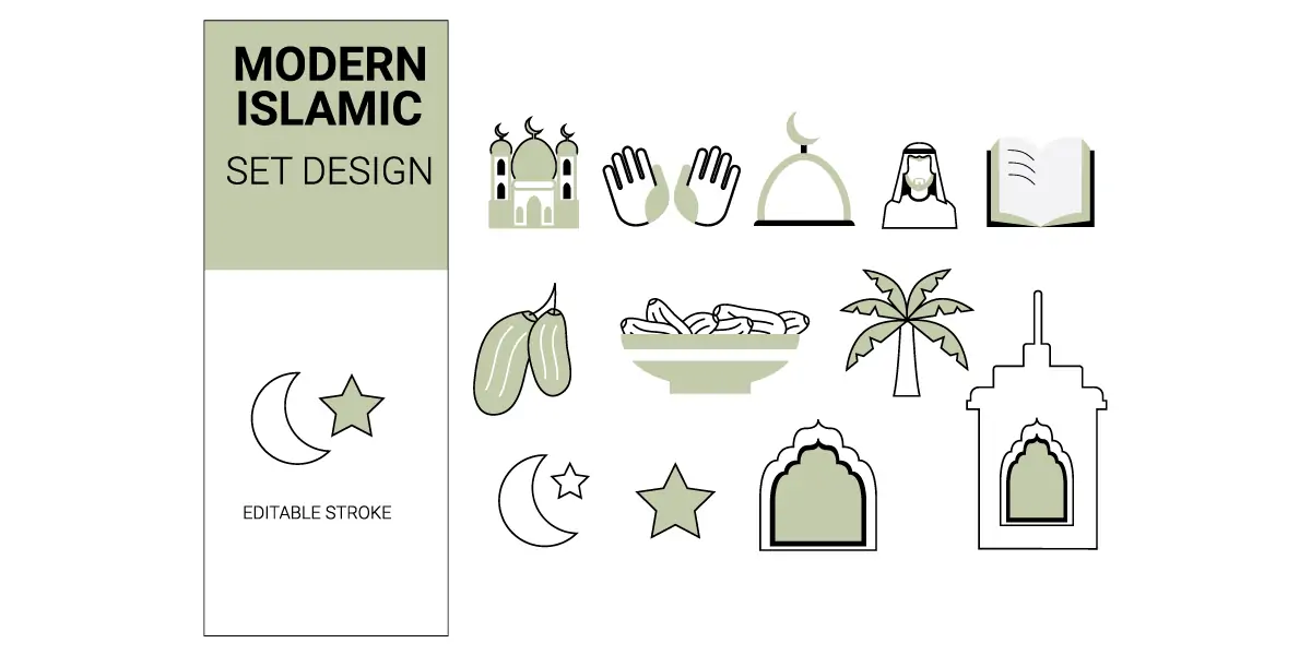 Modern Islamic-themed linear icon set for Ramadan