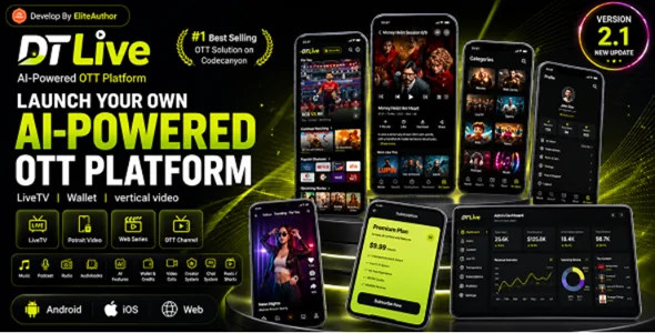 DTLive v2.1 - Movie, TV Show, OTT, Live TV, Streaming Flutter App (Android, iOS, Web) with Admin