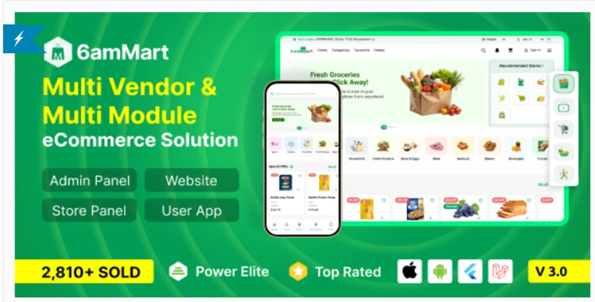 6amMart v3.5 - Multivendor Food, Grocery, eCommerce, Parcel, Pharmacy delivery app with Admin & Webs