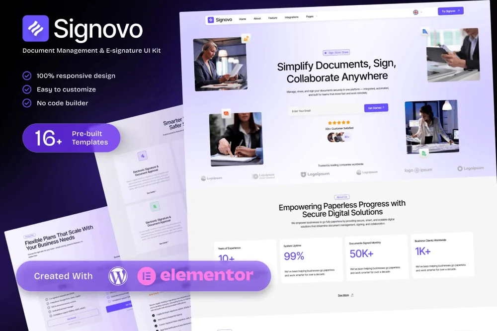 Signovo – Document Management & E-signature SaaS Elementor Template Kit