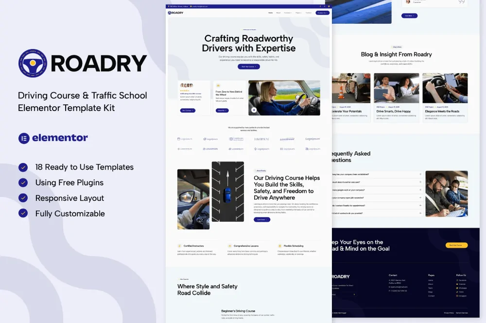 Roadry – Driving Course & Traffic School Elementor Template Kit